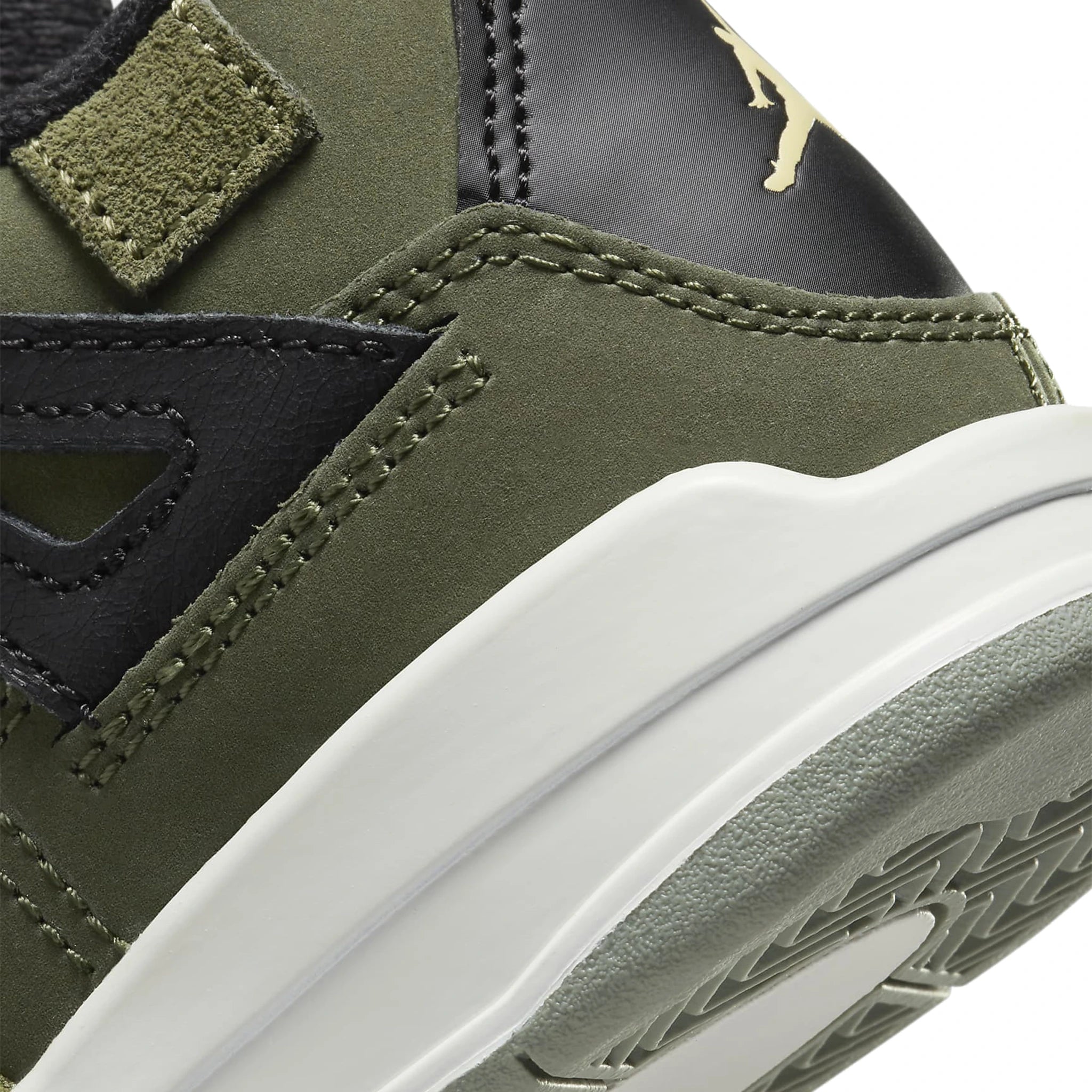 Heel view of Air Jordan 4 Retro SE Craft Olive (PS) FB9929-200